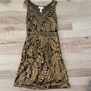 Anthropologie Black and Gold Leaf Midi Dress
